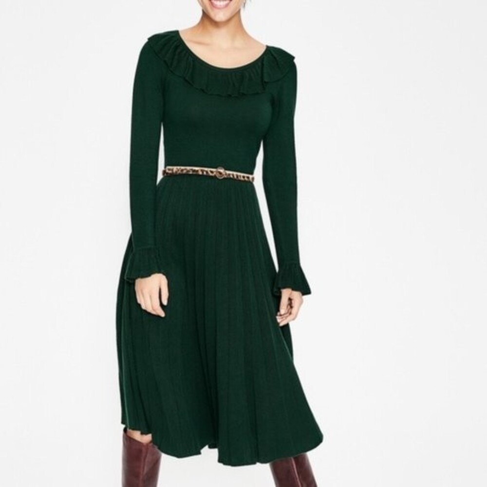 Boden Lavinia Midi Dress Green Knit Long Sleeves Pleated Ruffles Size 10